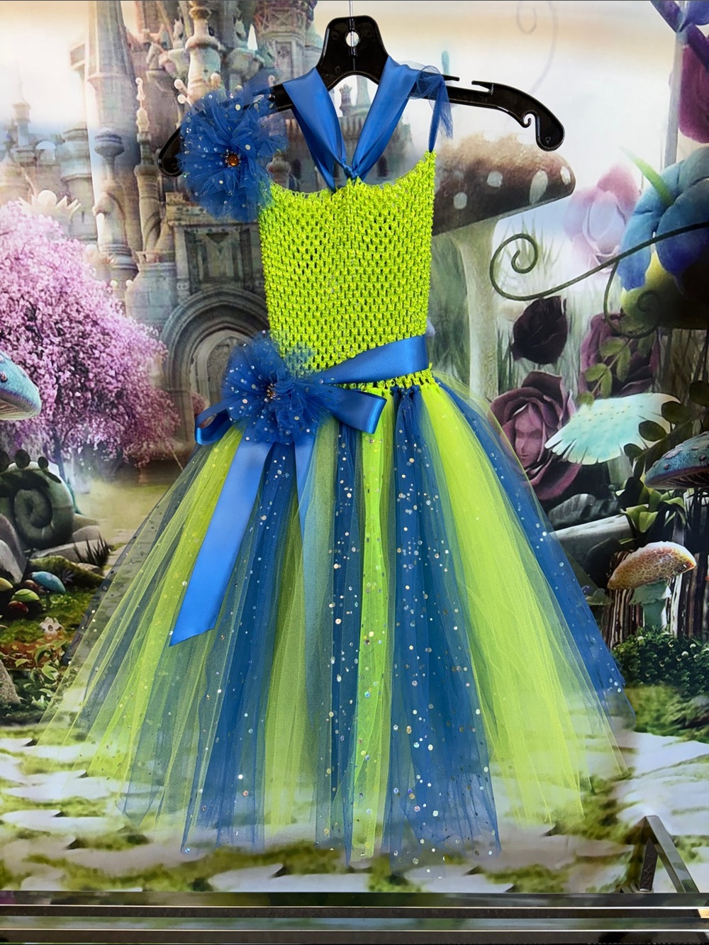 Handmade Girls Neon Green and Royal Blue Tulle Tutu Dress